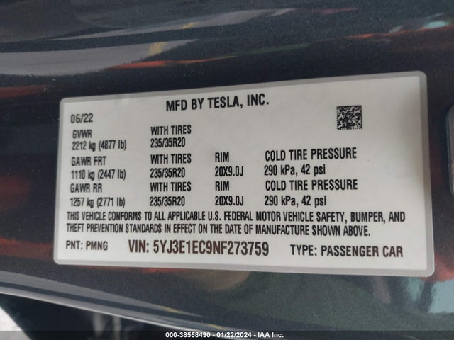 5YJ3E1EC9NF273759 Tesla Model 3 Performance Dual Motor All-wheel Drive