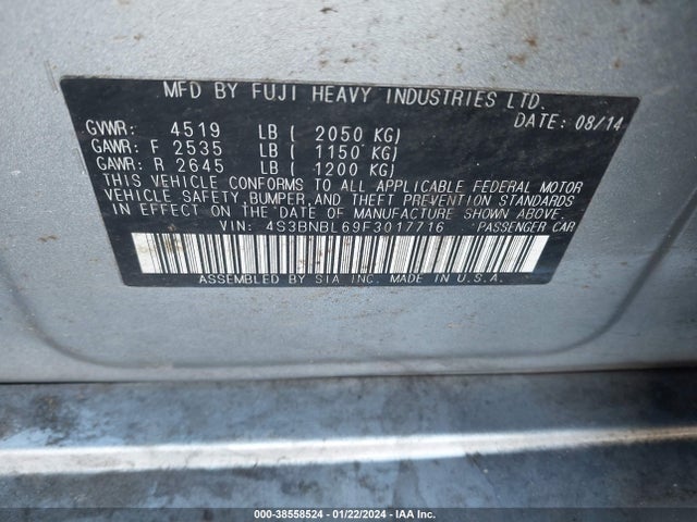 2015 SUBARU LEGACY 2.5I LIMITED VIN: 4S3BNBL69F3017716