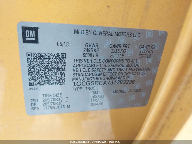 Chevrolet Colorado Wt 2018 1GCGSBEA7J1283286 Image 9