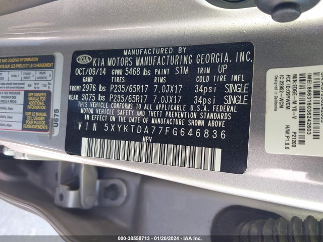KIA Sorento Lx V6 2015 5XYKTDA77FG646836 Image 9