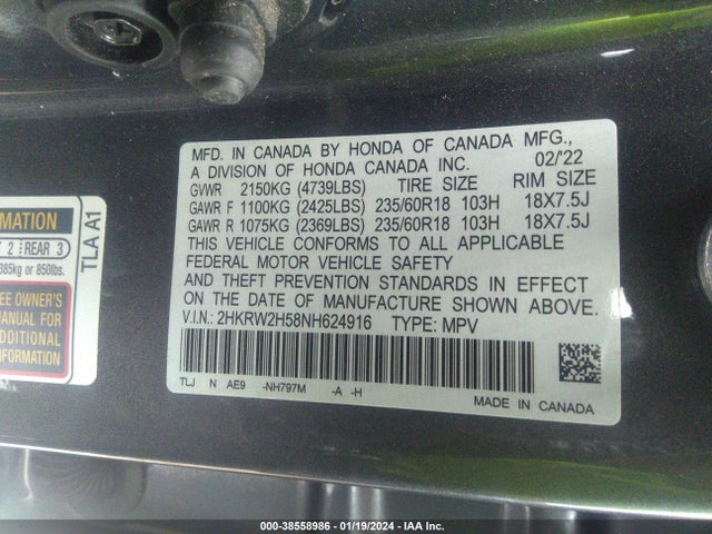 Honda Cr-v Awd Ex 2022 2HKRW2H58NH624916 Image 9