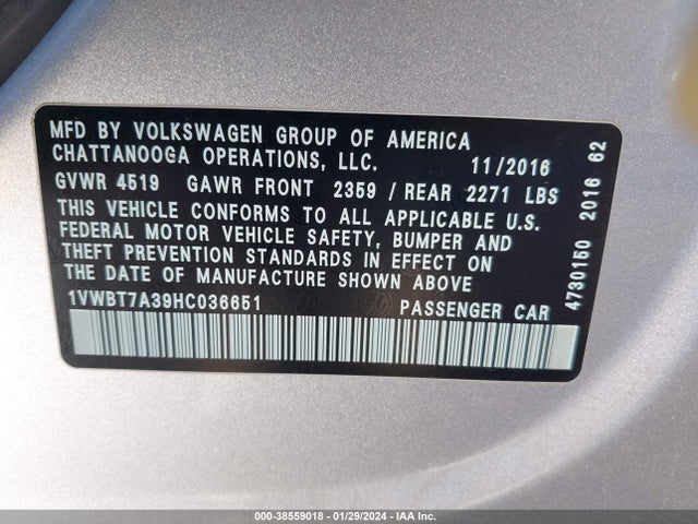 1VWBT7A39HC036651 Volkswagen Passat 1.8t Se