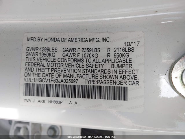 Honda Accord Ex-l 2018 1HGCV1F63JA025097 Image 9