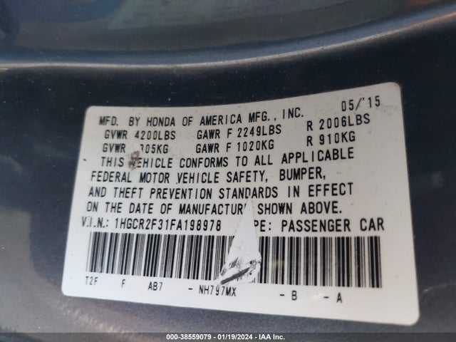 Honda ACCORD LX 2015 1HGCR2F31FA198978 Image 9