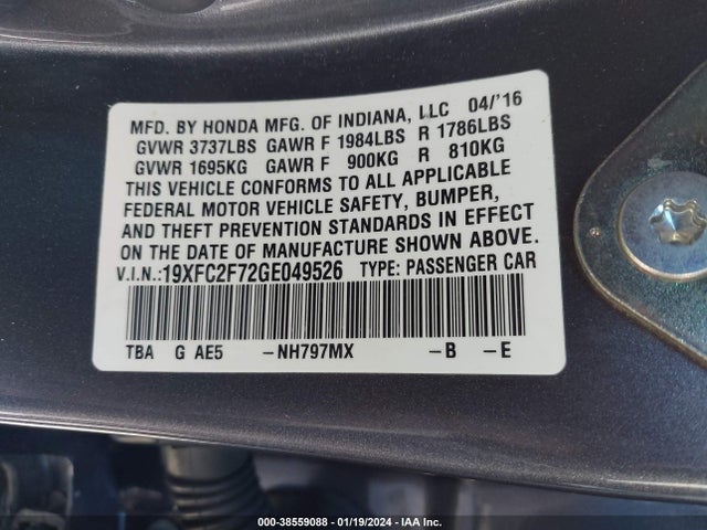 Honda CIVIC EX 2016 19XFC2F72GE049526 Image 9