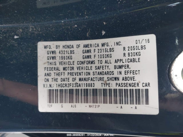 Honda ACCORD EX 2016 1HGCR2F03GA119883 Image 9