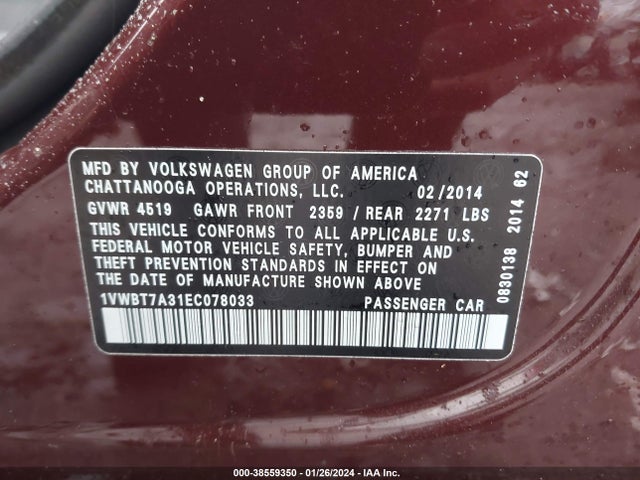 1VWBT7A31EC078033 Volkswagen Passat 1.8t Se
