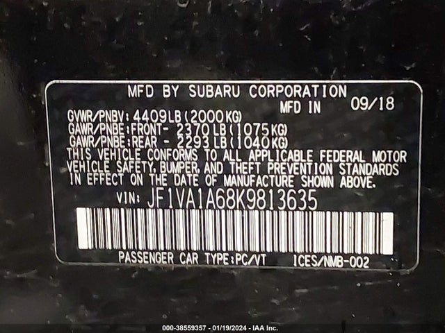Subaru WRX 2019 JF1VA1A68K9813635 Image 9