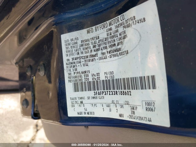 2003 FORD FOCUS ZX5 VIN: 3FAFP37Z33R188602