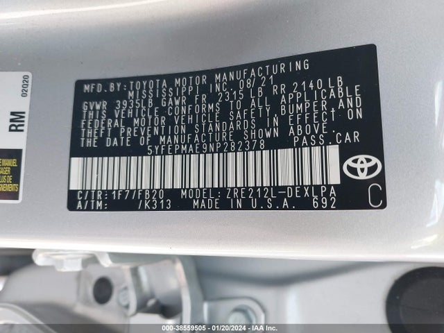 2022 TOYOTA COROLLA LE VIN: 5YFEPMAE9NP282378
