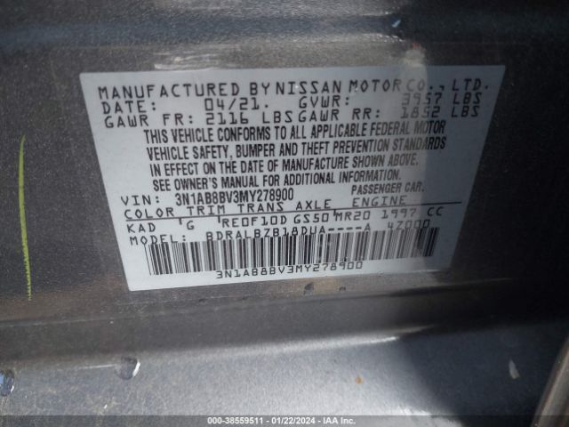 3N1AB8BV3MY278900 Nissan Sentra S Xtronic Cvt