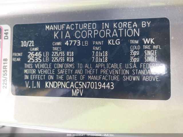 KNDPNCAC5N7019443 KIA Sportage Ex