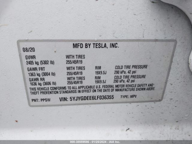 5YJYGDEE6LF036355 Tesla Model Y Long Range Dual Motor All-wheel Drive