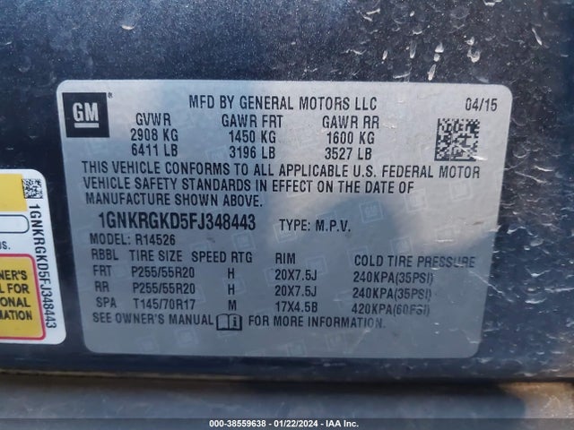 Chevrolet Traverse 1lt 2015 1GNKRGKD5FJ348443 Image 9