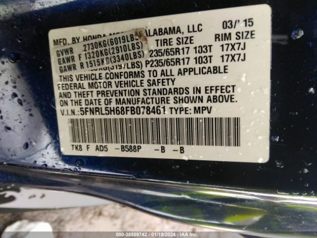 5FNRL5H68FB078461 Honda Odyssey Ex-l