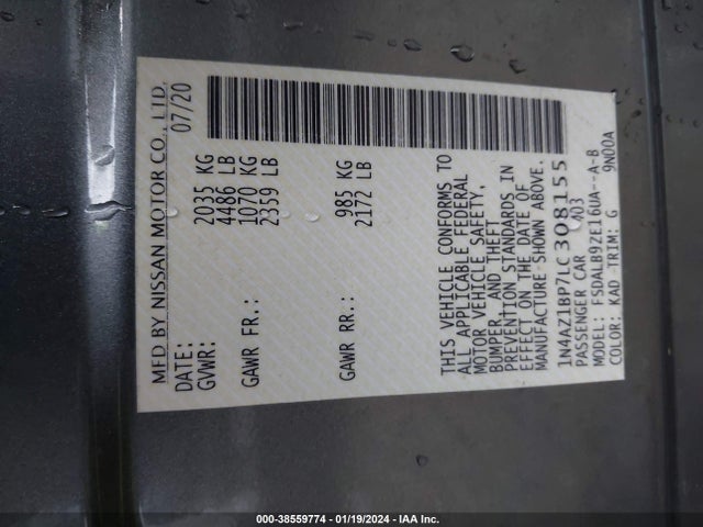2020 NISSAN LEAF S 40 KWH VIN: 1N4AZ1BP7LC308155