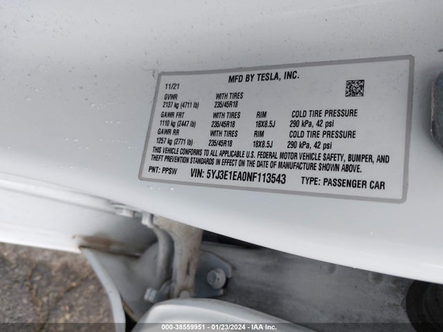 5YJ3E1EA0NF113543 Tesla Model 3 Rear-wheel Drive