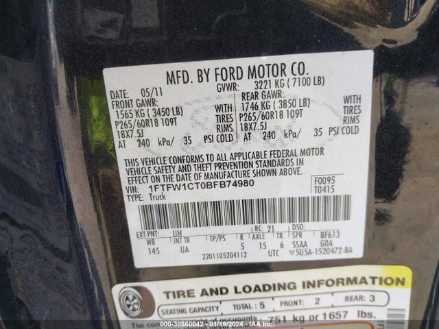 2011 FORD F-150 XLT VIN: 1FTFW1CT0BFB74980