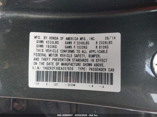 Honda ACCORD LX 2014 1HGCR2F36EA257635 Image 9