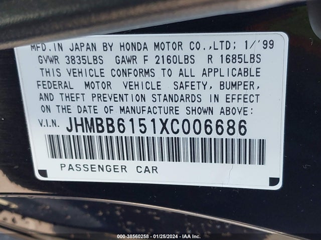 1999 HONDA PRELUDE TYPE SH VIN: JHMBB6151XC006686