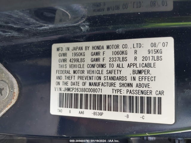 2008 HONDA ACCORD 2.4 LX VIN: JHMCP26388C008071