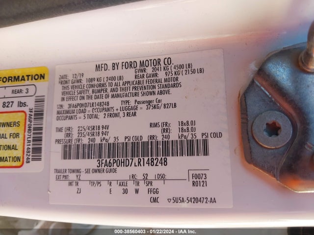 Ford FUSION SE 2020 3FA6P0HD7LR148248 Image 9