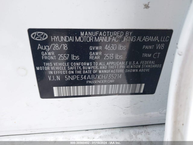 2019 HYUNDAI SONATA LIMITED 2.0T VIN: 5NPE34AB7KH735214