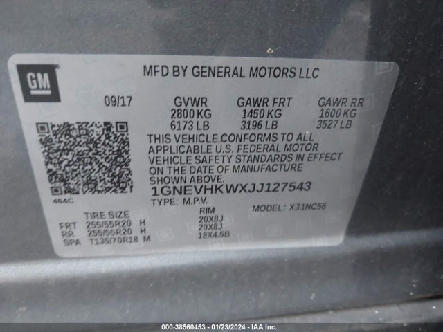 Chevrolet Traverse 3lt 2018 1GNEVHKWXJJ127543 Image 9