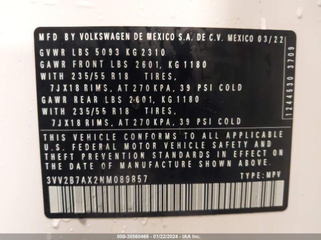 3VV2B7AX2NM089857 Volkswagen Tiguan 2.0t Se