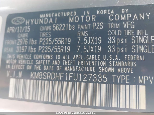 Hyundai Santa Fe Limited 2015 KM8SRDHF1FU127335 Image 9