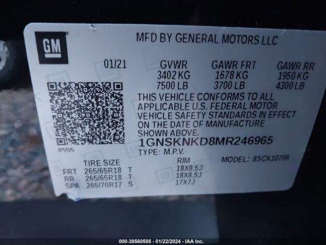 1GNSKNKD8MR246965 Chevrolet Tahoe 4wd Lt