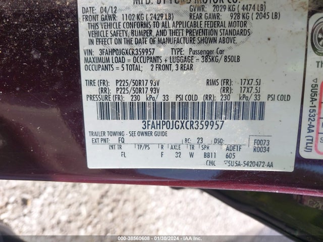 38560608 :رقم المزاد ، 3FAHP0JGXCR359957 vin ، 2012 Ford Fusion Sel مزاد بيع