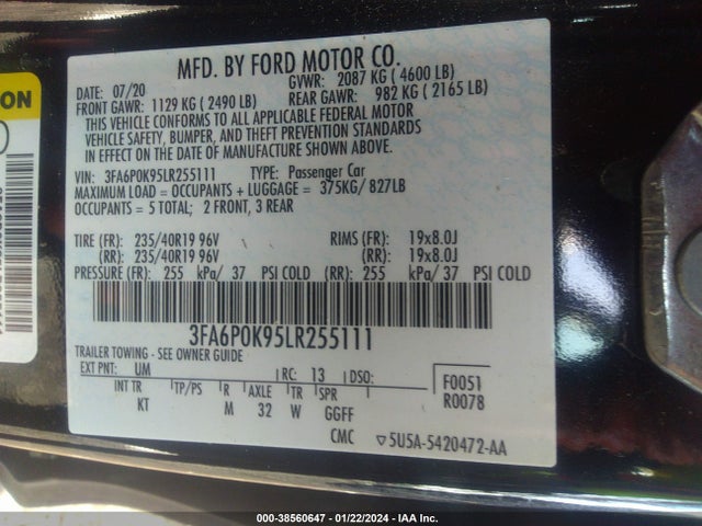 2020 FORD FUSION TITANIUM VIN: 3FA6P0K95LR255111