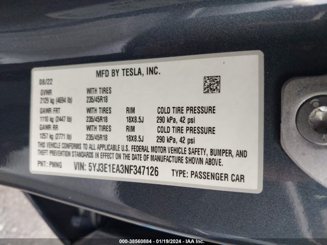 5YJ3E1EA3NF347126 Tesla Model 3 Rear-wheel Drive