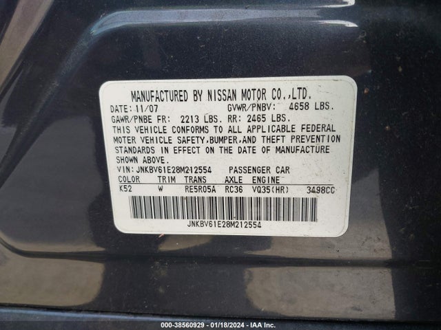 2008 INFINITI G35 JOURNEY VIN: JNKBV61E28M212554