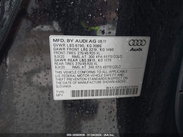2011 AUDI Q7 3.0T PREMIUM VIN: WA1LGAFE6BD010054