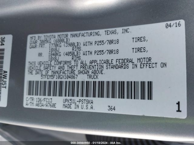 5TFEM5F10GX104867 Toyota Tundra Sr5 4.6l V8