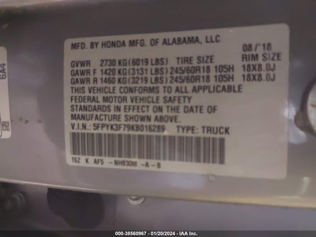 Honda Ridgeline Rtl-e 2019 5FPYK3F79KB016289 Image 9