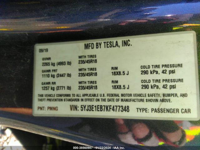 5YJ3E1EB7KF477348 Tesla Model 3 Long Range/performance