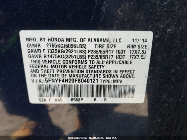 5FNYF4H20FB040121 Honda PILOT LX