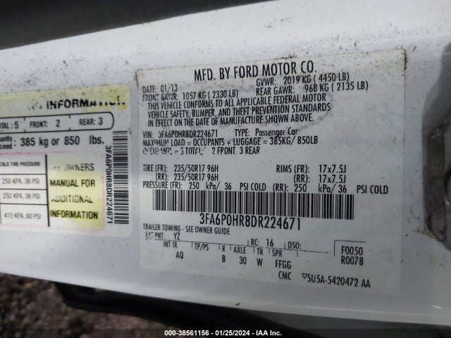 2013 FORD FUSION SE VIN: 3FA6P0HR8DR224671