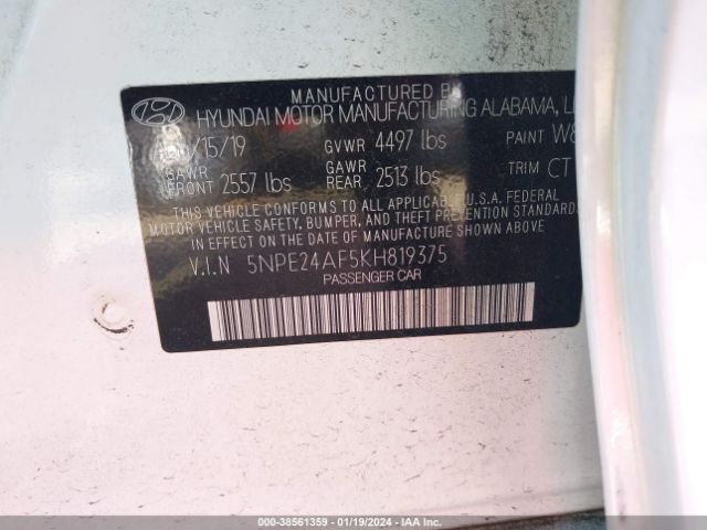 5NPE24AF5KH819375 Hyundai SONATA SE