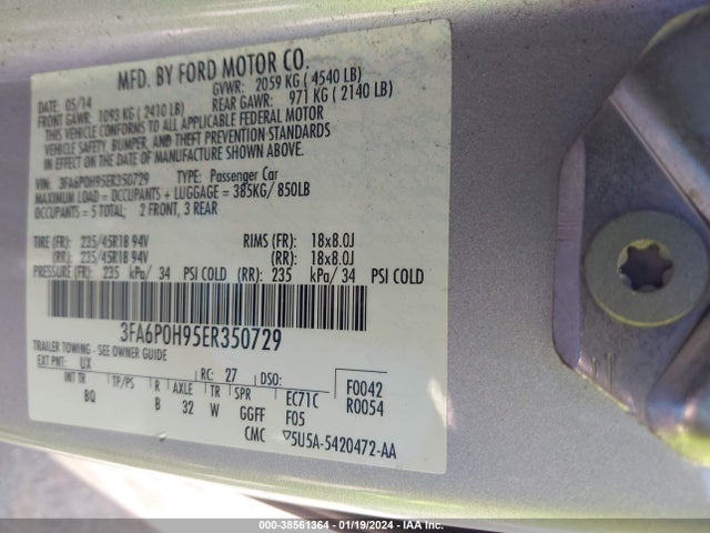 2014 FORD FUSION SE VIN: 3FA6P0H95ER350729