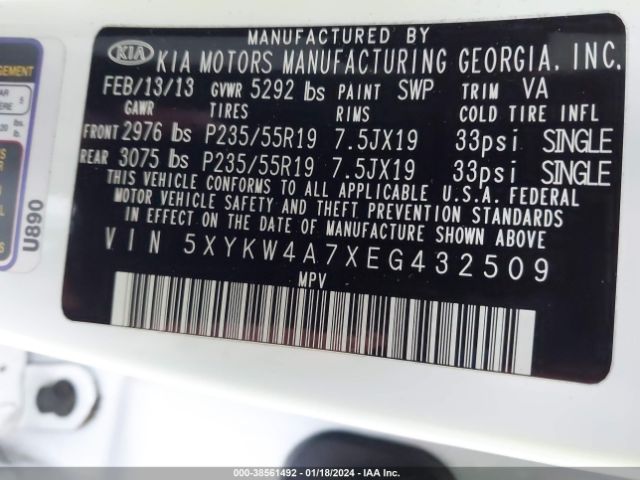 5XYKW4A7XEG432509 KIA SORENTO SX