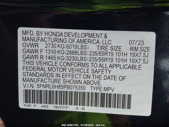 Honda Odyssey Touring 2023 5FNRL6H85PB075350 Image 9