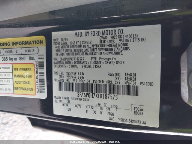 Ford FUSION SE 2015 3FA6P0H7XFR187575 Image 9