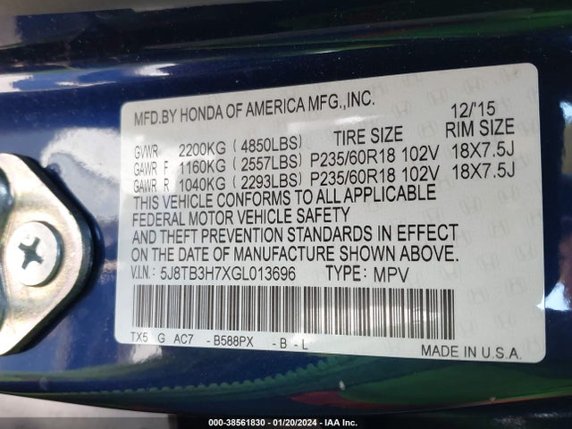 Acura Rdx Advance Pkg 2016 5J8TB3H7XGL013696 Image 9