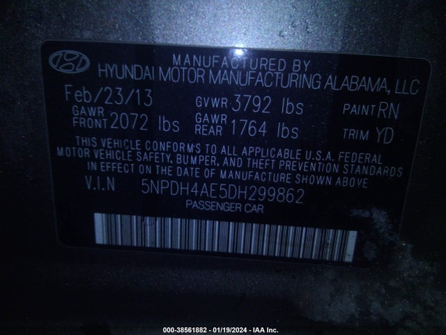 2013 HYUNDAI ELANTRA GLS VIN: 5NPDH4AE5DH299862