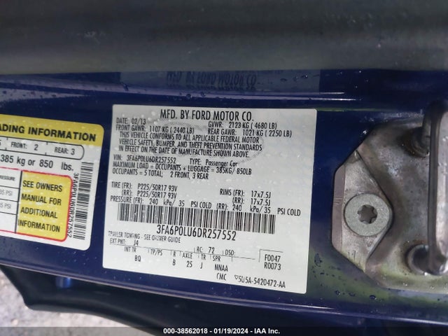 2013 FORD FUSION HYBRID SE VIN: 3FA6P0LU6DR257552