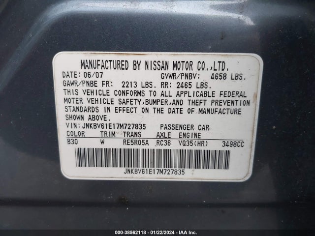 2007 INFINITI G35 SPORT VIN: JNKBV61E17M727835